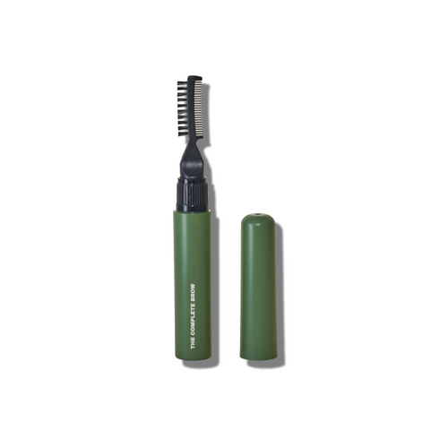 Dual-ended tool featuring a fine brush for styling and a comb for separating and defining brow hairs.